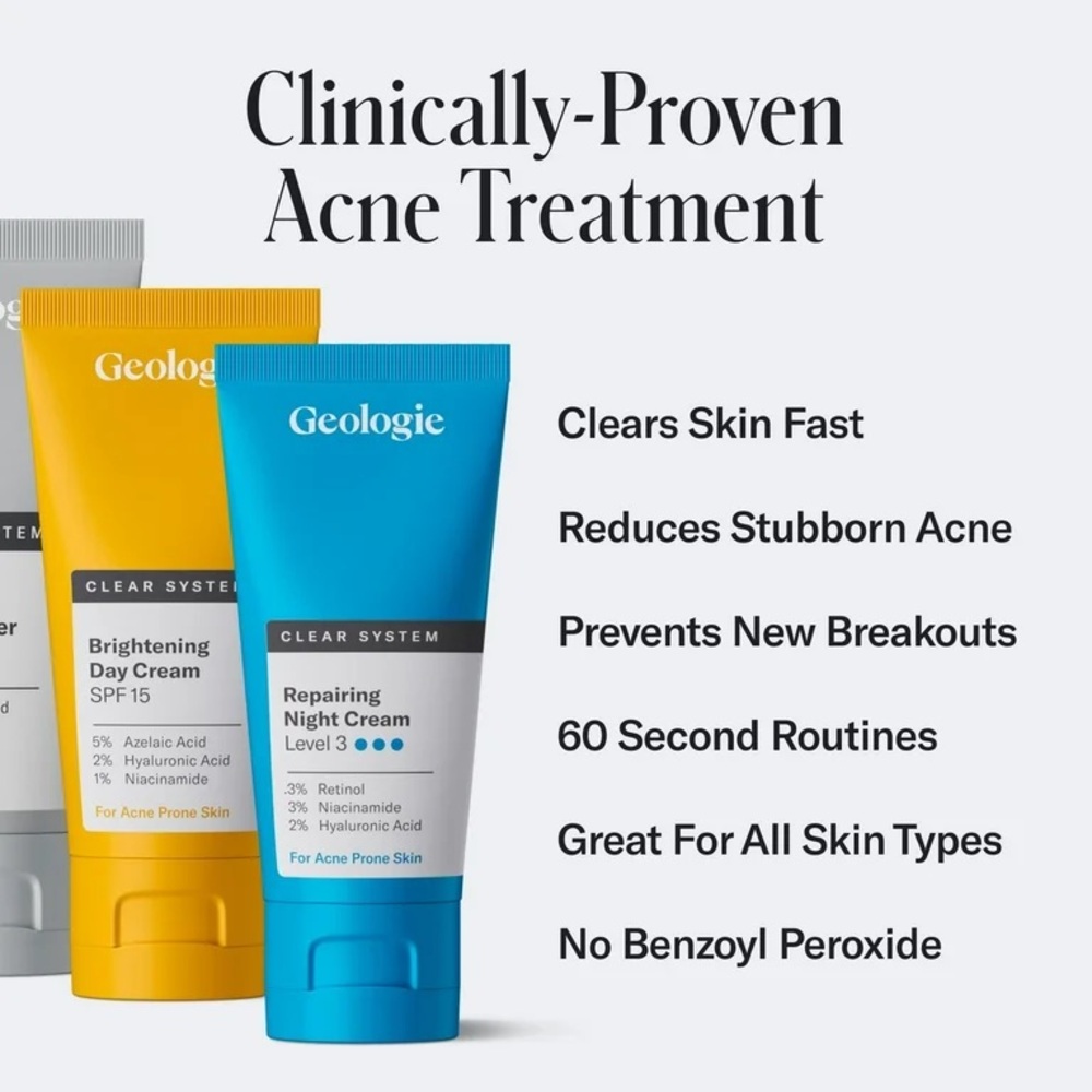 GEOLOGIE Clear System Level 3 Acne Treatment & Skincare Set 3pc, NEW - Picture 3 of 6